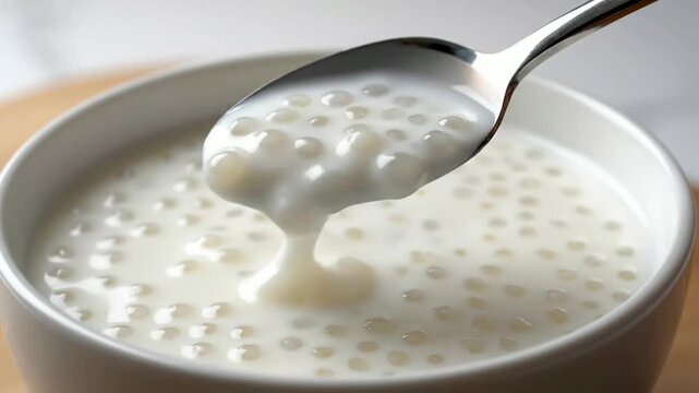 Close-Up Of A Spoon Holding Tapioca Pearls In Creamy Coconut Milk Dessert With A Warm Presentation And Smooth Texture