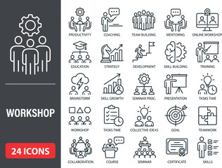 Fototapeta premium Workshop line icon set. Editable Stroke. Training, teamwork, coaching, goals, education, skill, seminar - stock vector.