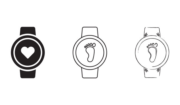 Fitness watch icons set featuring heart symbol and foot print tracking activity on transparent background design.