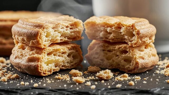 Close-Up of Freshly Baked Cookies with a Soft Texture and Crumbs on Slate Surface with a Blurred Glass of Milk in the Background Ideal for Food Photography