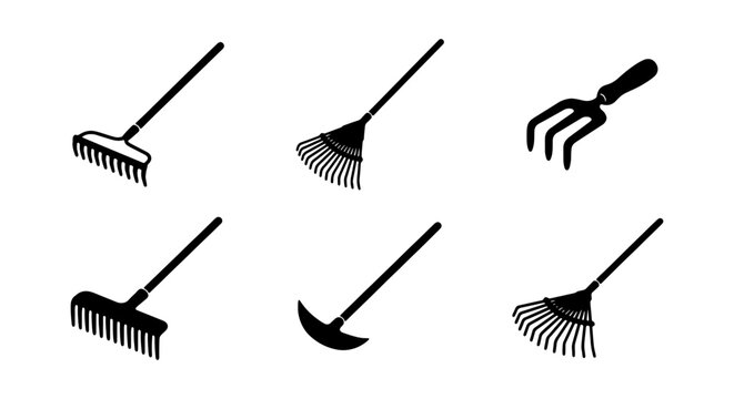 Garden Tools Vector Icons: Rakes, Hoes, Forks, Cultivators for Outdoor Work