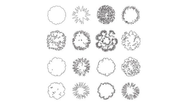Artistic line drawing tree top view icons for creative landscape design and garden planning.