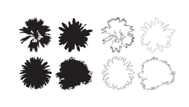 Set of black silhouette trees, palm and bush, top view element for architecture plan.
