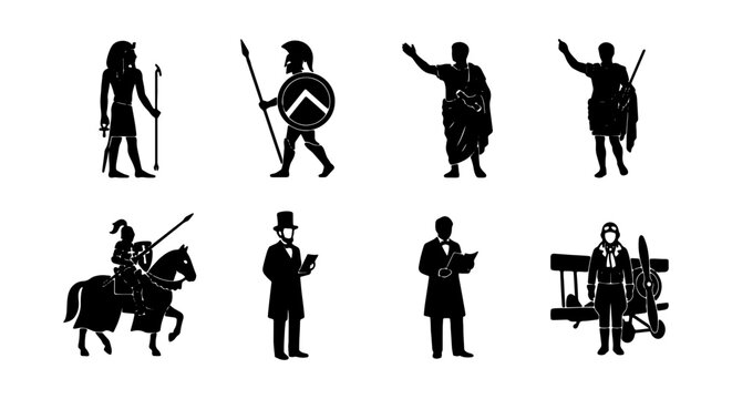 Historical Figures Silhouettes: Ancient Egypt, Spartan Warrior, Roman, Medieval Knight, Victorian Gentleman, Civil War Soldier