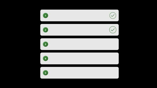 Animated Numbered List Checklist Reveal With Green Circle Badges On Black Background Clean Minimal Motion Graphic Template For Steps Process Workflow Presentation Social Media Video Content