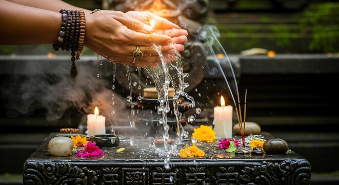 Hands washing in holy water during a traditional balinese purification ritual