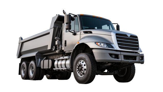 Silver dump truck with multiple axles and large tires