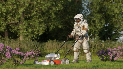 Fototapeta premium astronaut is mowing a lawn in a garden filled with flowers on a sunny day. scene combines space equipment with a common outdoor activity in an unusual setting. 3d render