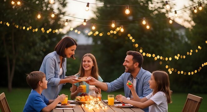 Happy family having dinner at a garden table with fairy lights outdoors