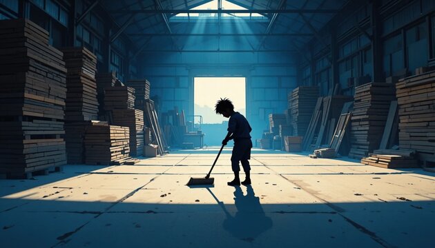 World Day Against Child Labour concept featuring child sweeping industrial warehouse symbolizing exploitation hardship and humanitarian awareness