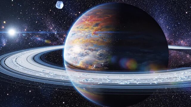 Cinematic Close-Up Orbit of Saturn Planet with Rings and Moons in Deep Space Galaxy