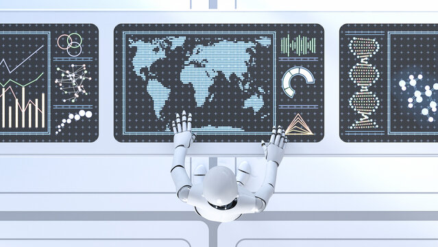 Roboter working on working desk, screens, 3D Rendering