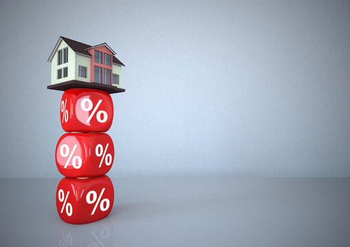 Residential house standing on percentage sign cubes, 3d illustration