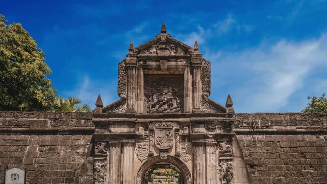 Stunning view of Fort Santiago - Manila Intramuros, The grand stone archway of Fort Santiago in intramous, Manilla, Spanish colonial gate entrance. Tourist destination and UNESCO world heritage 