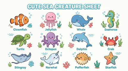 Cute Sea Creatures Collection: Clownfish, Jellyfish, Whale, Seahorse, Turtle, Octopus © Jepe