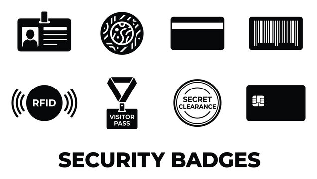 Security badges icons collection identification access cards and visitor passes pictogram set.