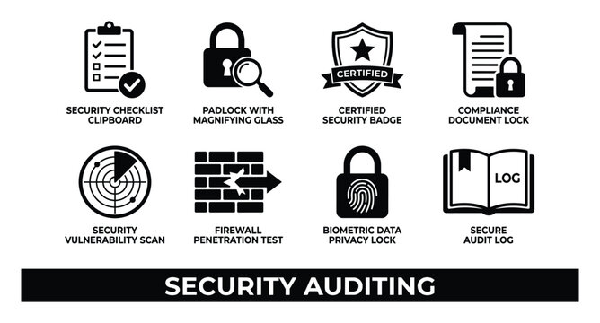 Security auditing icons for checklist, padlock, badge, document, scan, firewall, biometric, log.