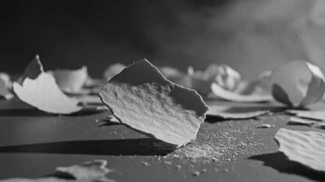Low Angle Close Up of Cracked Eggshell Shards Scattered Against Black Background with Vapor