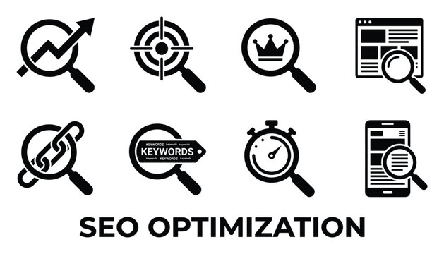 Seo optimization icons set with magnifying glass and graph, target, crown, webpage, link, keywords, timer, smartphone.