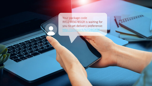 Scam call sms message about package delivery sent to a mobile phone