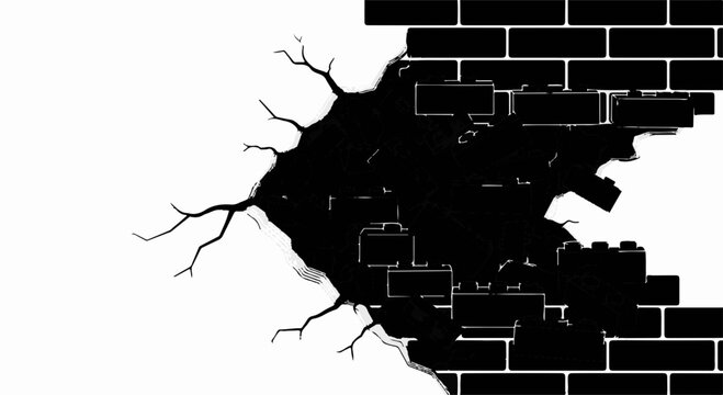 Cracked brick wall revealing a dark, mysterious void, symbolizing breakthrough or destruction.