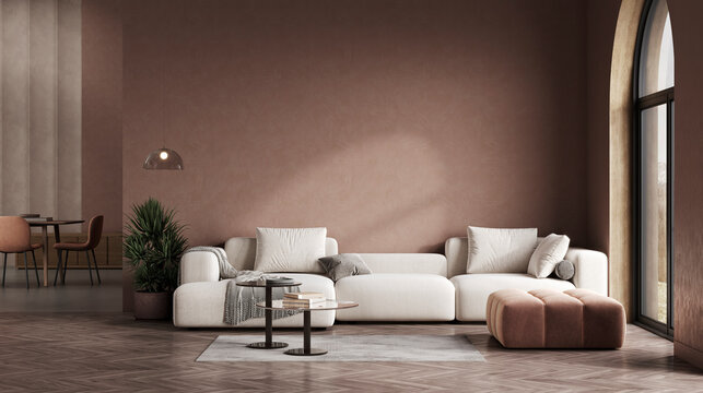Luxury living room with modern lounge furniture in warm mocha mousse color trend
