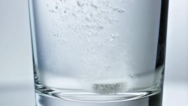 Medicine tablets dissolving slowly inside a clear glass of water, releasing tiny bubbles and particles. The scene represents drug absorption, healthcare treatment, pharmaceutical effectiveness