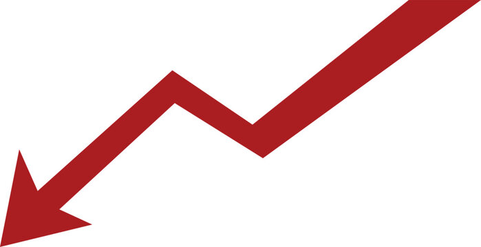 Red downward arrow graph indicating decline loss or negative trend isolated on transparent background