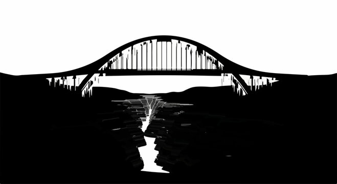 Majestic arch bridge silhouetted against a bright sky over a deep canyon