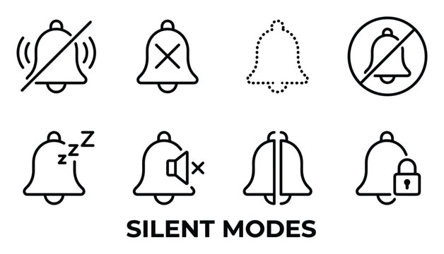 Silent modes icons vector set bell notification off mute sleep loud volume locked double bell.