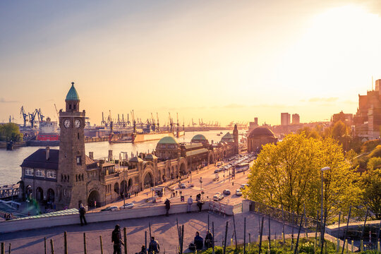 Germany, Hamburg, St Pauli Landing Stages at twilight
