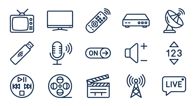 Television and Media Broadcasting Line Icons. Vector Television Equipment, Remote Control, Film Reel, and Streaming Technology Elements in Outline Style.
