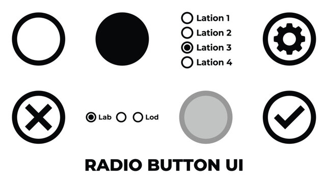 Various radio button and selection UI elements including circles options and settings icons.