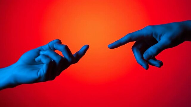 Two blue hands reaching toward each other against a vibrant red background