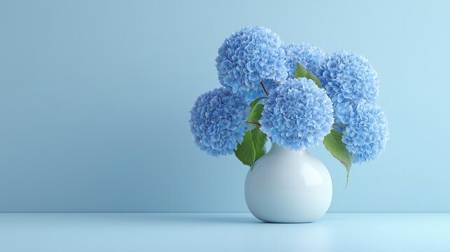 Blue Hydrangea Flowers in White Vase on Pastel Blue Background
