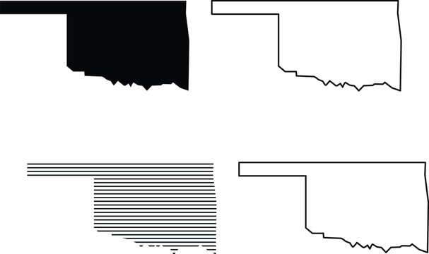 Oklahoma state map collection with silhouette, outline and striped vector designs