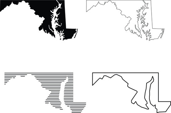 Maryland state map collection with silhouette, outline and striped vector designs