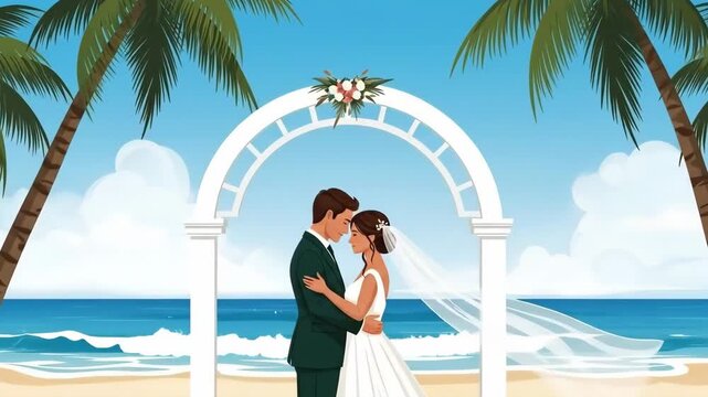 A romantic couple sharing a wedding moment under an arch on the beach