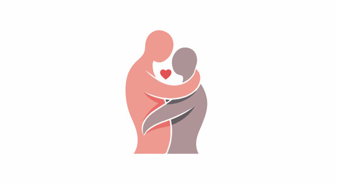 Two abstract figures embrace, with a small red heart between them