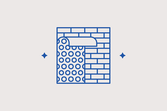 Brick wall with insulating foam coating line icon for thermal insulation for building energy efficiency. Useful vector illustration for house renovation contractors, winterizing technical guide apps.