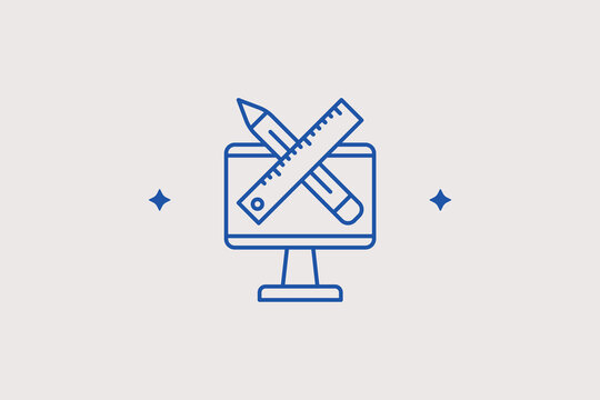 Monitor displaying crossed ruler and pencil line icon for interior drafting for engineering software design. Professional vector illustration for digital architecture tools, graphics creation apps