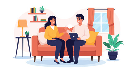 Fototapeta premium Man and woman having a comfortable conversation while sitting on a sofa in a modern living room with cozy home decor items.