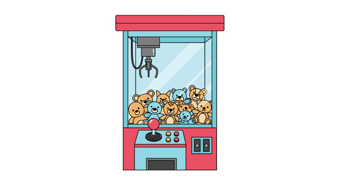 Colorful arcade claw machine filled with numerous blue and brown teddy bears waiting for a player to win a prize at the fair.