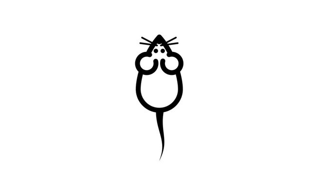 A stylized cartoon mouse character with large round ears and a long tail drawn in a minimalist black and white illustration style