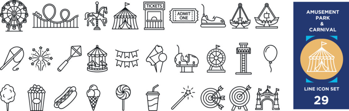 Amusement park and carnival vector line icon set featuring Ferris wheel roller coaster carousel circus tent and rides.