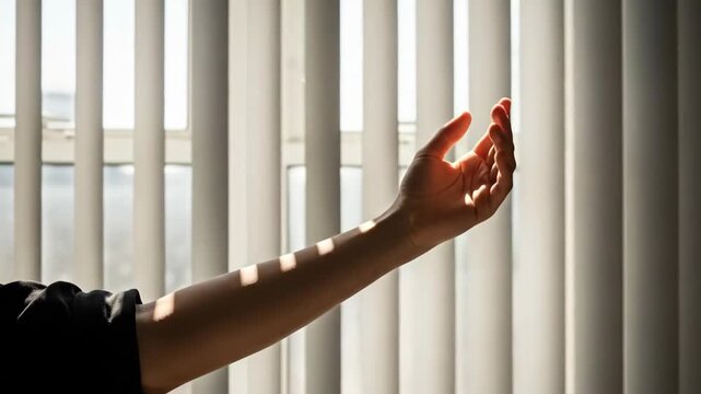 A human arm reaching through light filtered by vertical window blinds