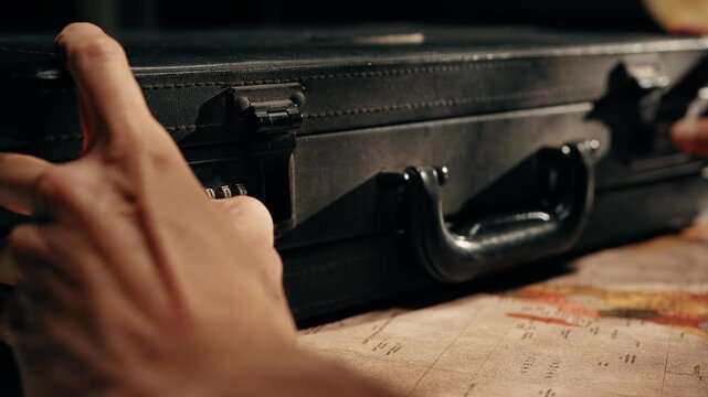A man hands open a secret briefcase in a spy office