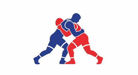 Obraz premium Two stylized wrestlers, one blue, one red, grappling intensely