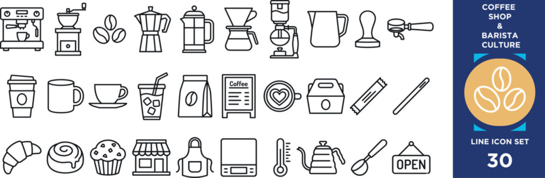 Coffee shop equipment and symbols representing barista culture, cafe beverages, and brewing process essentials.