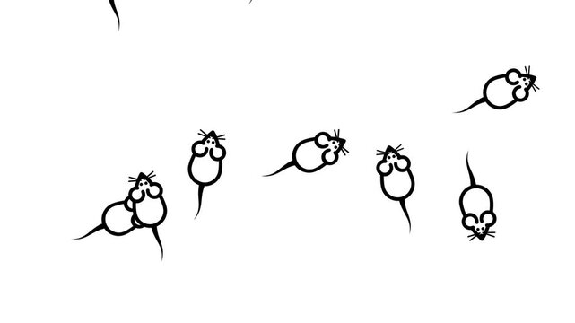 Several cartoon mouse characters scattered freely across the frame in various poses and orientations creating a playful random arrangement